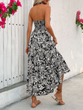 Load image into Gallery viewer, Backless Smocked Printed Sleeveless Midi Dress, Black and White Floral Printed Midi Dress