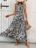 Load image into Gallery viewer, Backless Smocked Printed Sleeveless Midi Dress, Black and White Floral Printed Midi Dress